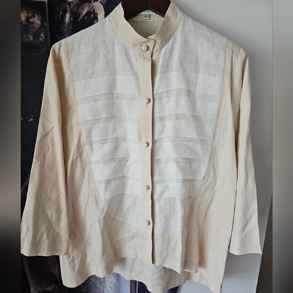 Lorain Croft Women's Linen Lagenlook Oversized Botton Front Beige Shirt Size M
